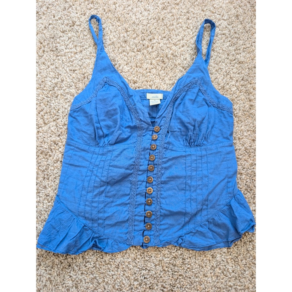 Odille Anthropologie Blue Cotton Crochet Lace Button Front Cami Ruffle Top Y2K